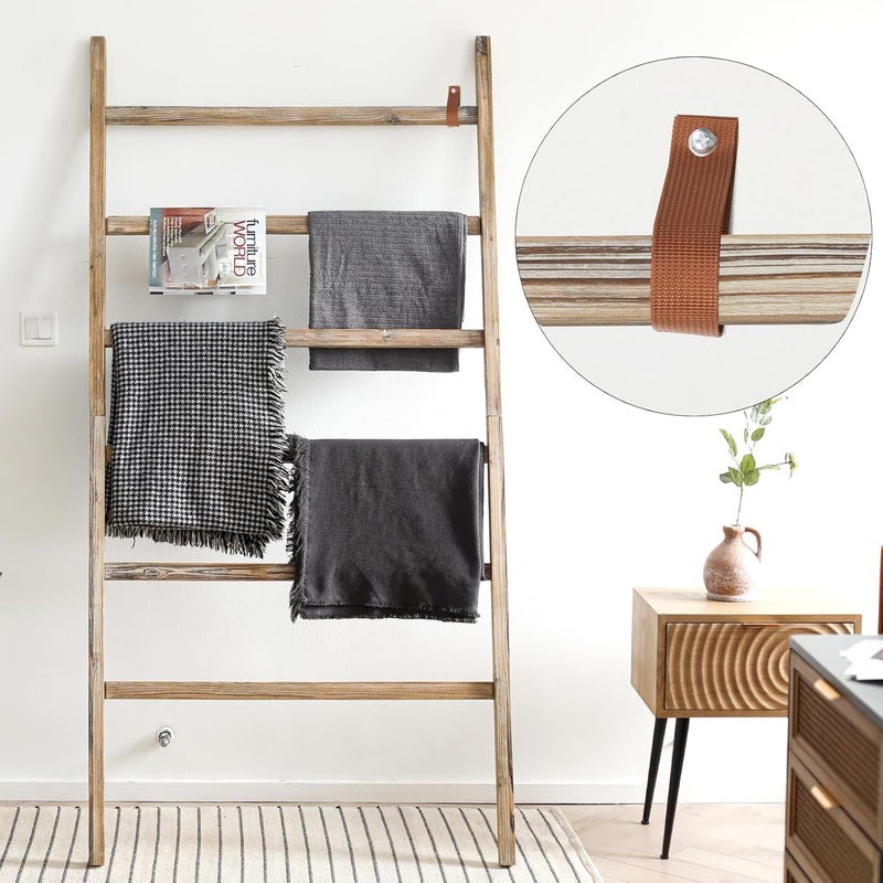 FUIN Extra Wide 6.4ft Wooden Blanket Ladder Living Room Decorative Wal Leaning Farmhouse Quilt Display Holder Rustic Wood Towel Rack for Bathroom, Burnt Brown, 38 inch Wide - Image 4